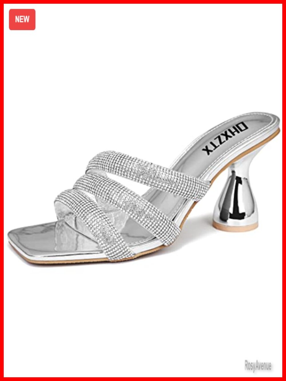 Square Toe Kitten Heels Rhinestone Mules Sandals Slip On Party